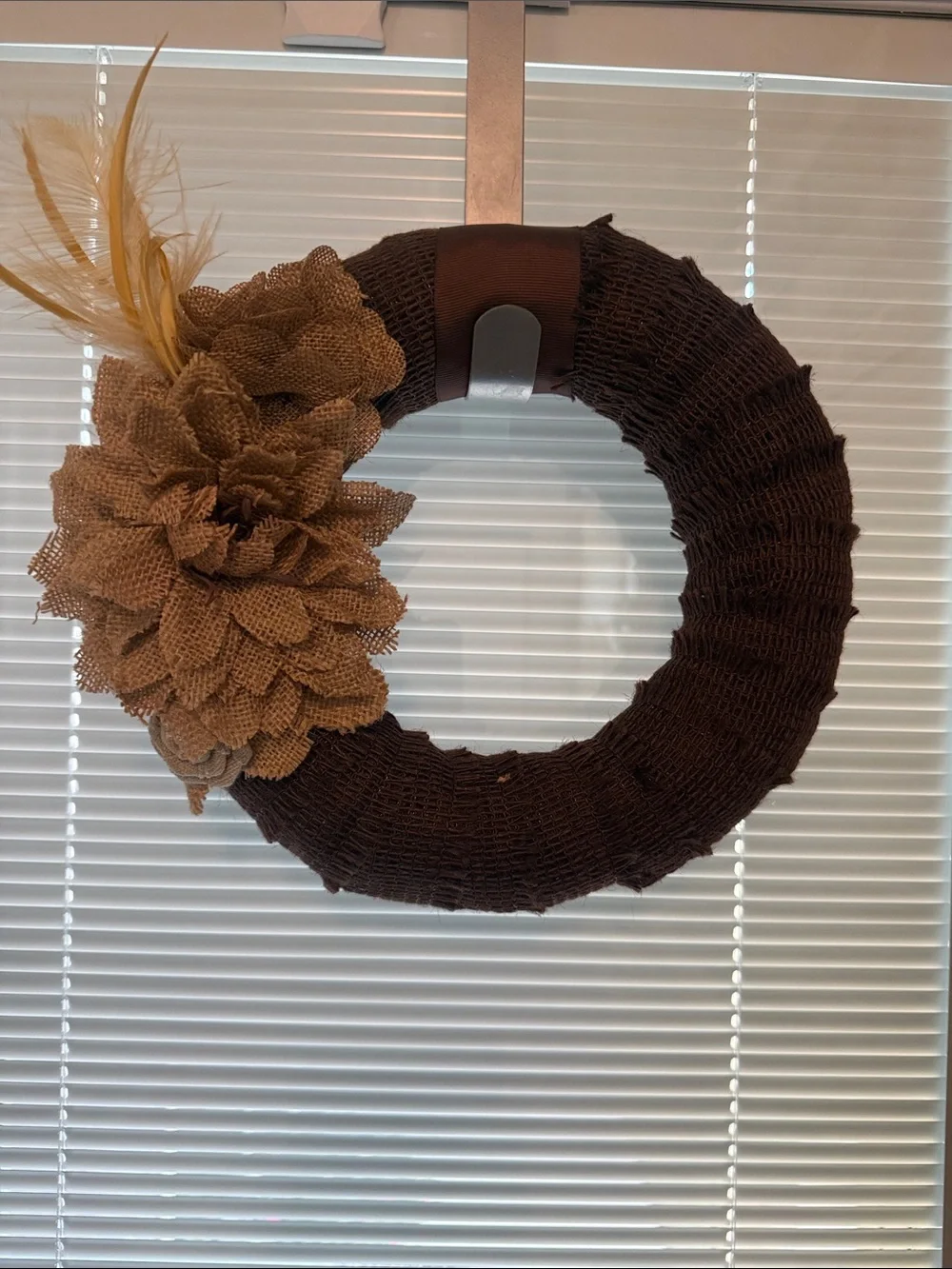 Handmade Brown Burlap Wreath with Tan Flower Accent